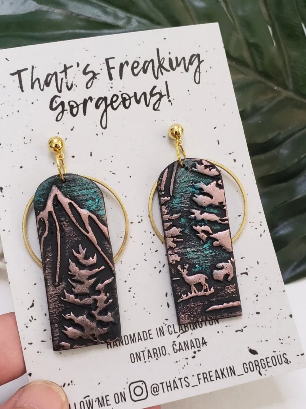 NWOT - Night Forest Polymer Clay Earrings: Rose Gold Deer Mountainscape